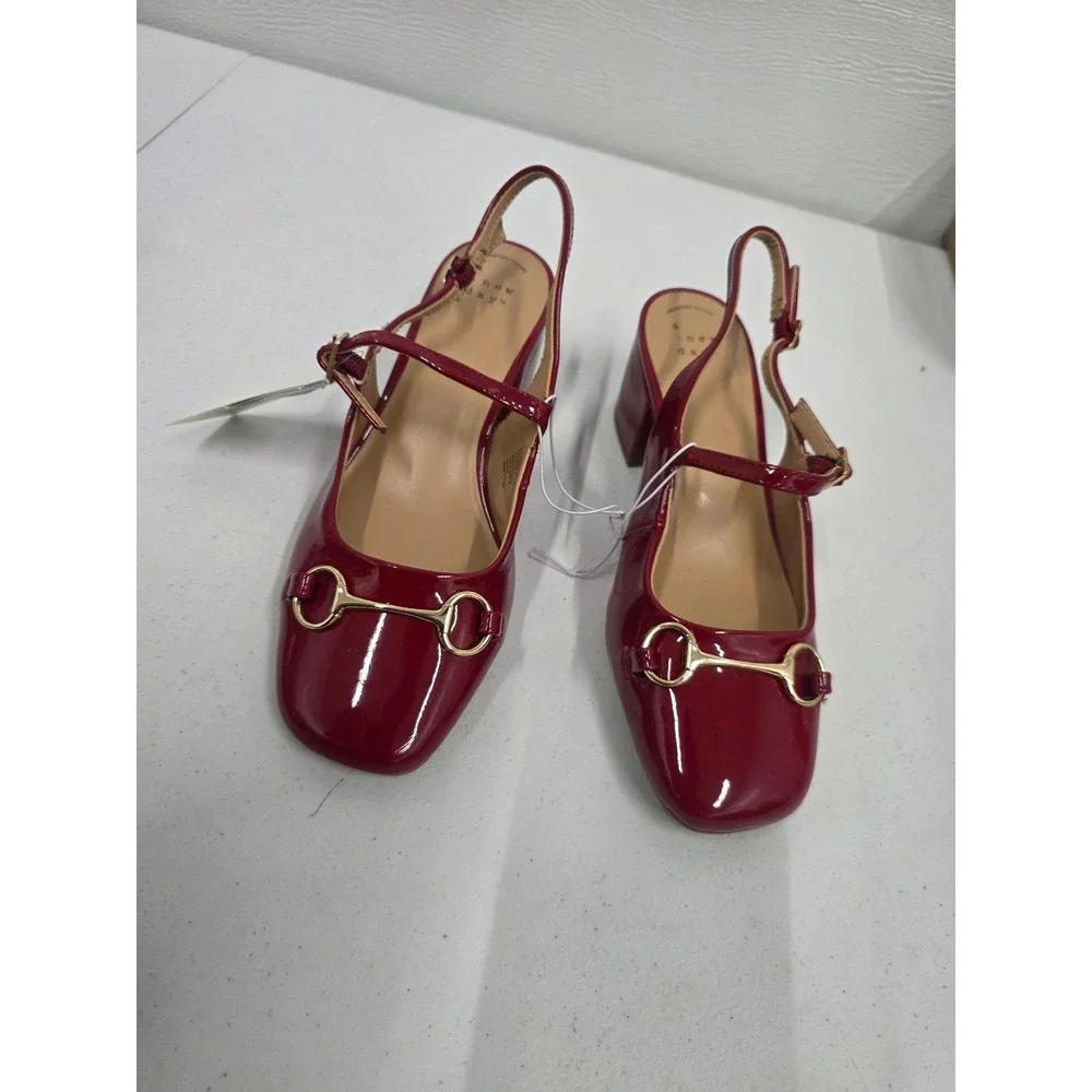 A New Day Red Patent Horsebit Slingback Block Heel Mary Jane Pumps Size 7